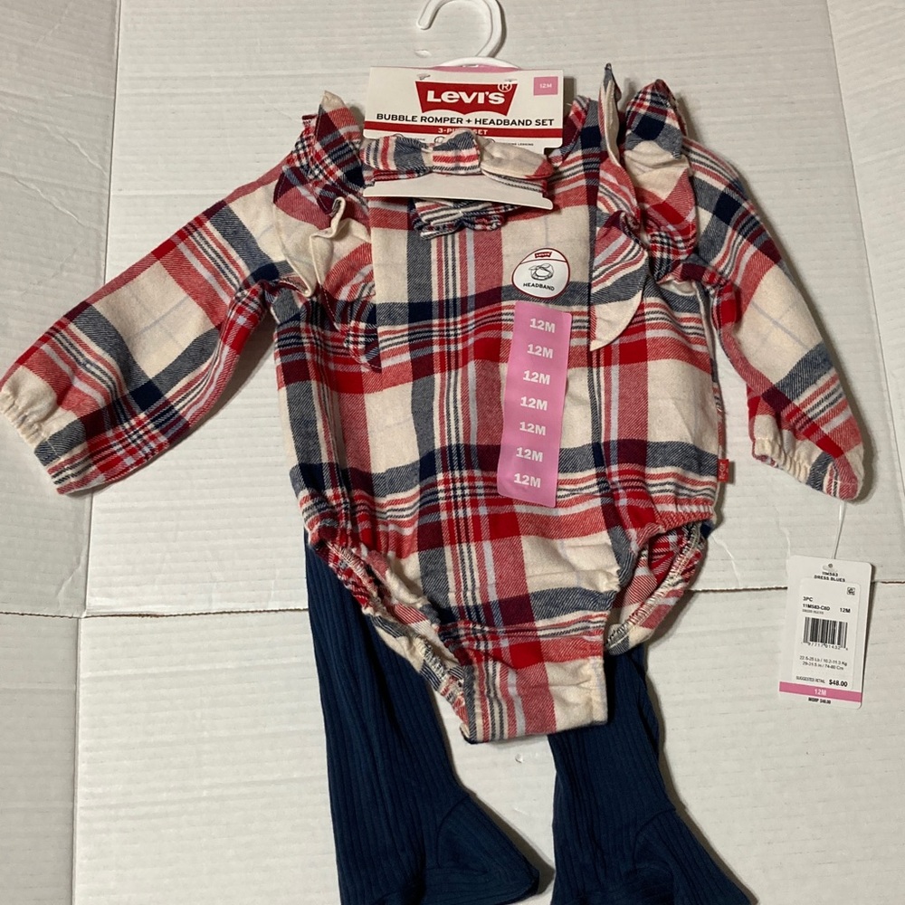 Levi's Toddler Girls Red and Blue Plaid Romper Set with Headband 12M NWT